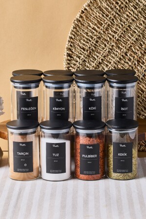 Riga 12 Li Siyah Ahşap Kapak Borosilikat Cam Baharatlık 250 ml 10x6 cm 30 Adet Etiket Hediyeli - 1