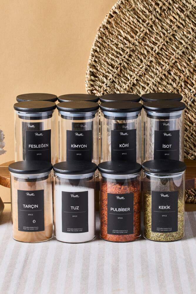 Riga 12 Li Siyah Ahşap Kapak Borosilikat Cam Baharatlık 250 ml 10x6 cm 30 Adet Etiket Hediyeli - 1