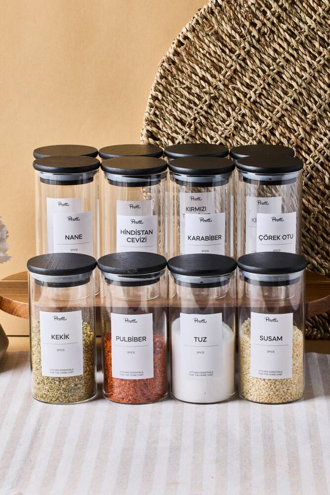 Riga 12 Li Siyah Ahşap Kapak Borosilikat Cam Baharatlık 300 ml 12x6 cm 30 Adet Etiket Hediyeli - 1