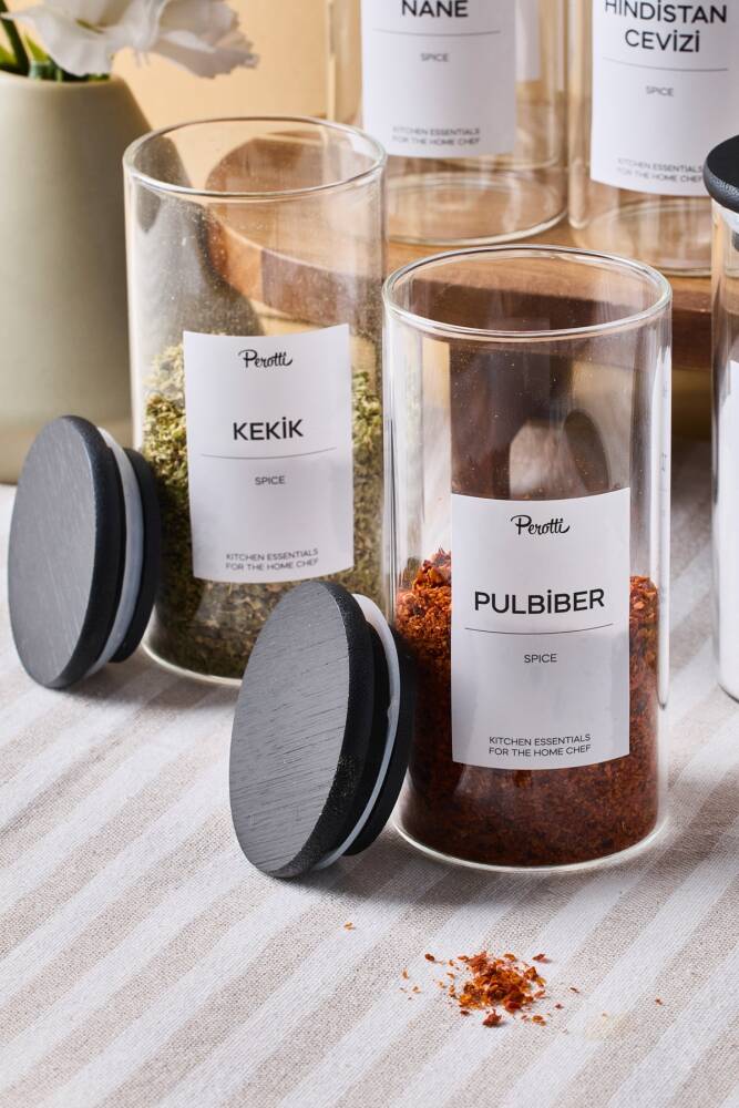 Riga 12 Li Siyah Ahşap Kapak Borosilikat Cam Baharatlık 300 ml 12x6 cm 30 Adet Etiket Hediyeli - 2
