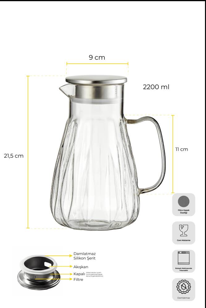 Savio Berrak Hat Filtre Kapaklı Borosilikat Sürahi 2200ml - 5