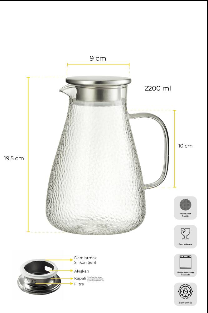 Savio Buzlu Cam Filtreli Kapak Borosilikat Sürahi 2200ml - 5