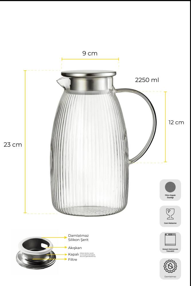 Savio Çizgili Cam Filtre Kapaklı Borosilikat Sürahi 2250ml - 5